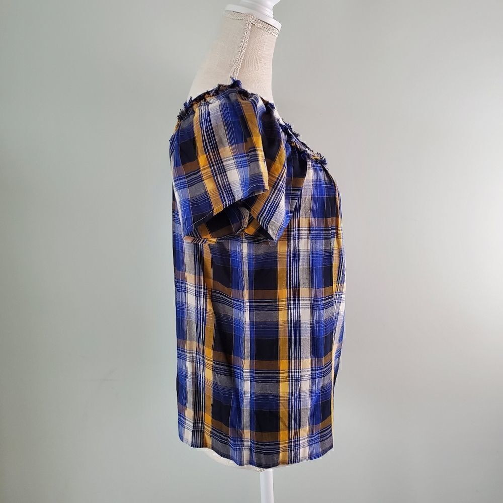 VINCE CAMUTO SUNSET PLAID RUFFLED SQUARE NECK TOP ELECTRIC BLUE SIZE XS - Picture 2 of 6